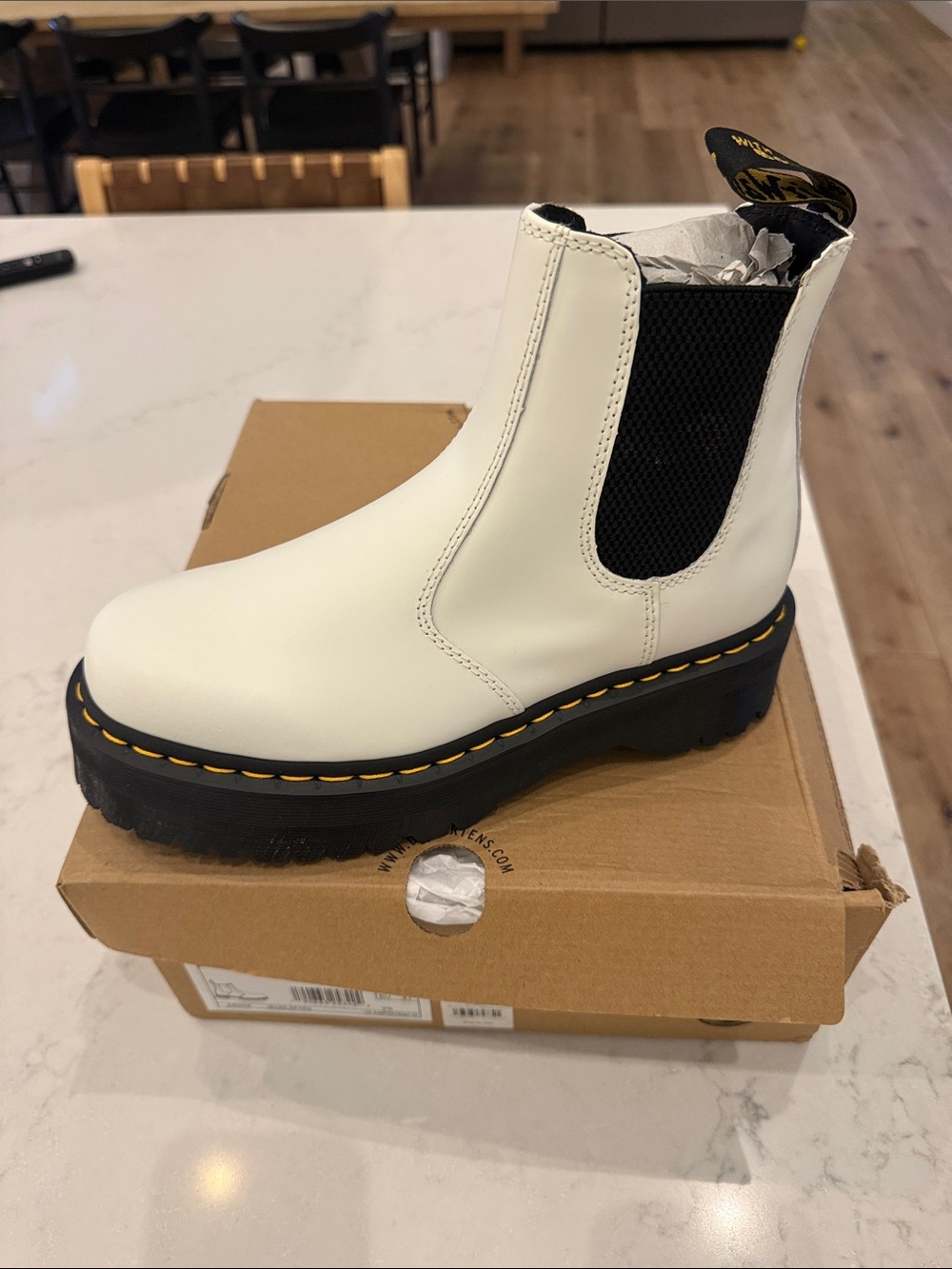 Dr. Martens White Leather Chelsea Boot with Black Elastic and Yellow Stitching